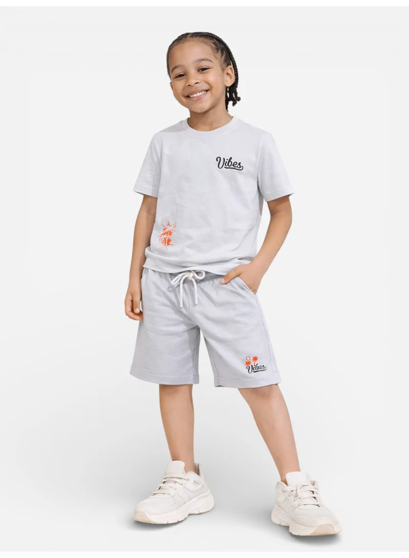 victor and jane Boys Vibes Printed T-Shirt &amp; Greyish Blue Shorts Set